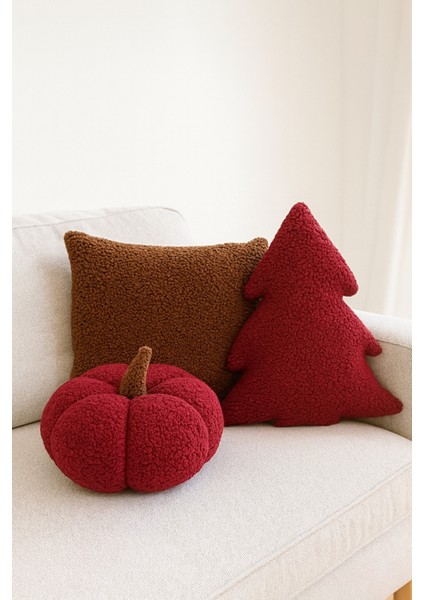 Teddy Dekoratif Çam Ağacı ve Balkabağı Yastık ve Iç Dolgulu Kırlent