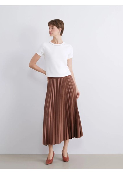 Lcwaıkıkı Classic Kahverengi Beli Lastikli Saten Pileli Etek