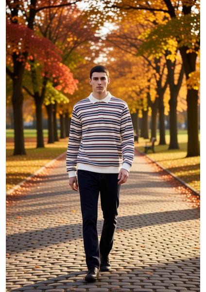 Erkek Polo Yaka Çizgili Regular Kalıp Uzun Kollu Örme Üst Fonksiyonel Dayanıklı Kaliteli Şık