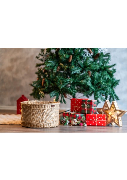 %100 El Yapımı Büyük Hasır Sepet | 39 cm Çap × 24 cm Yükseklik | Çok Amaçlı Organizer & Yılbaşı Hediyelik | Doğal Dekoratif Saklama Sepeti