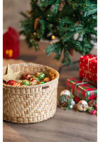 %100 El Yapımı Büyük Hasır Sepet | 39 cm Çap × 24 cm Yükseklik | Çok Amaçlı Organizer & Yılbaşı Hediyelik | Doğal Dekoratif Saklama Sepeti fiyatları