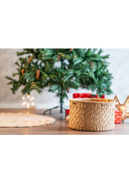 %100 El Yapımı Büyük Hasır Sepet | 39 cm Çap × 24 cm Yükseklik | Çok Amaçlı Organizer & Yılbaşı Hediyelik | Doğal Dekoratif Saklama Sepeti