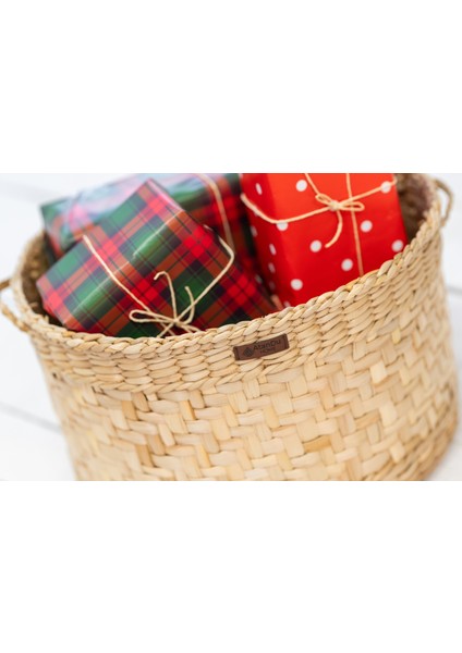 %100 El Yapımı Büyük Hasır Sepet | 39 cm Çap × 24 cm Yükseklik | Çok Amaçlı Organizer & Yılbaşı Hediyelik | Doğal Dekoratif Saklama Sepeti