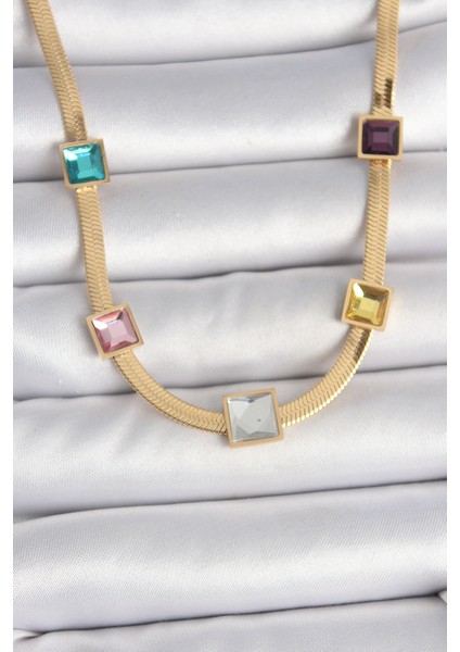 316L Çelik Gold Renk Italyan Zincir Model Kare Renkli Zirkon Taşlı Kadın Kolye - Lisinya