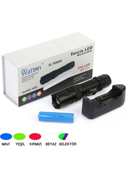 10W 2000 Lümen 4 Renk Güçlü El Feneri WT-605 ( Lisinya )