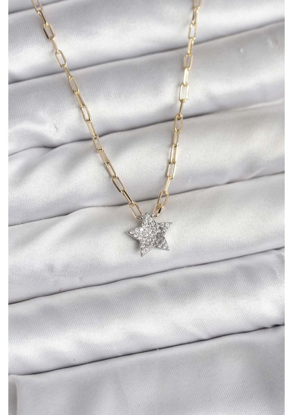 Pirinç Gold Renk Zincirli Zirkon Taşlı Minimal Yıldız Model Kadın Kolye - Lisinya