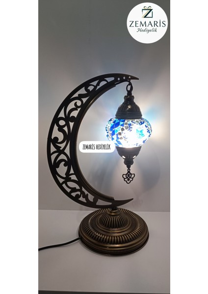El Yapımı Otantik Mozaik Hilal Masa Lambası Abajur