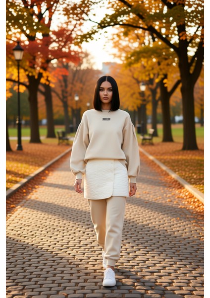 Kadın Bisiklet Yaka Balon Kol Örme Sweatshirt Fonksiyonel Dayanıklı Kaliteli Konforlu Spor