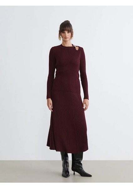 Soulife Bordo Beli Lastikli Kloş Triko Etek