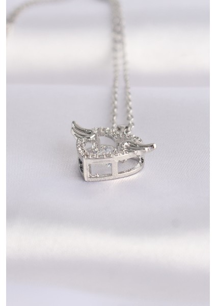 316L Çelik Zincir Gümüş Renk Zirkon Taşlı Kanatlı Kalp Kolye - Lisinya modelleri