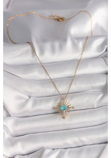 316L Çelik Gold Renk Zincir Mavi Taş Detaylı Kuzey Yıldız Model Kadın Kolye - Lisinya fiyatları