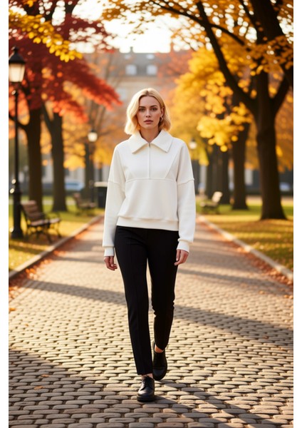 Kadın Dik Yaka Düşük Kol Fermuarlı Polar Sweatshirt Fonksiyonel Dayanıklı Kaliteli Estetik