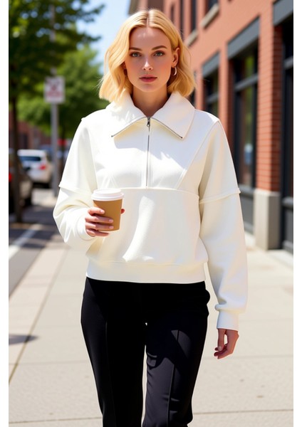 Kadın Dik Yaka Düşük Kol Fermuarlı Polar Sweatshirt Fonksiyonel Dayanıklı Kaliteli Estetik fiyatları