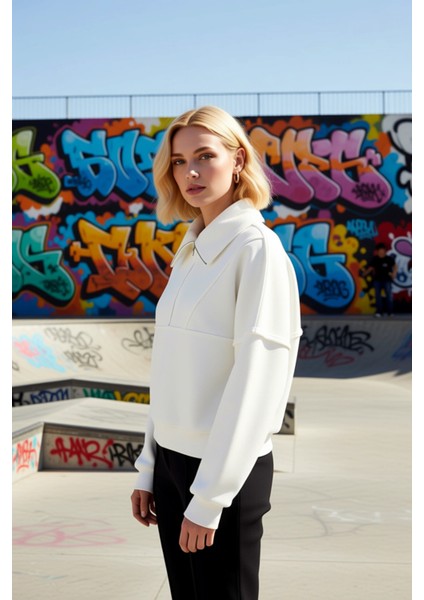 Kadın Dik Yaka Düşük Kol Fermuarlı Polar Sweatshirt Fonksiyonel Dayanıklı Kaliteli Estetik indirimleri