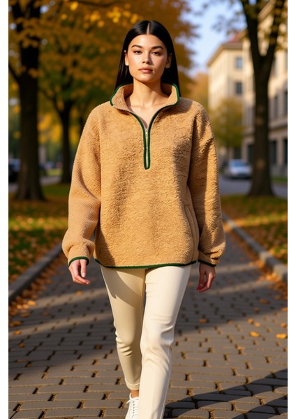 Kadın Dik Yaka Düşük Kol Peluş Örme Sweatshirt Fonksiyonel Dayanıklı Kaliteli Konforlu Şık