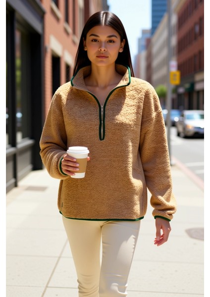 Kadın Dik Yaka Düşük Kol Peluş Örme Sweatshirt Fonksiyonel Dayanıklı Kaliteli Konforlu Şık fiyatları