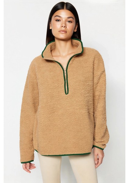 Kadın Dik Yaka Düşük Kol Peluş Örme Sweatshirt Fonksiyonel Dayanıklı Kaliteli Konforlu Şık modelleri