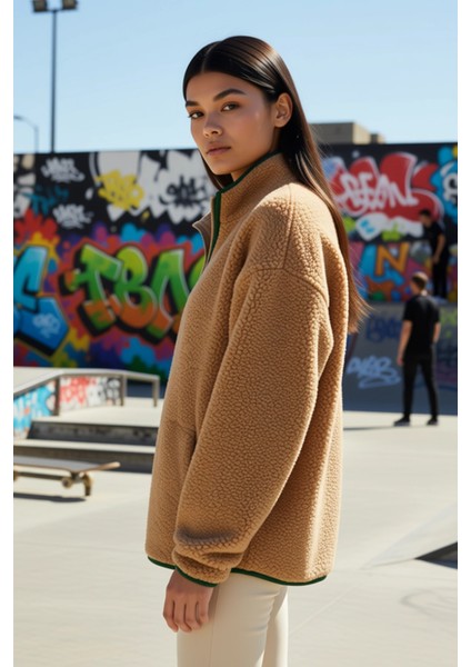 Kadın Dik Yaka Düşük Kol Peluş Örme Sweatshirt Fonksiyonel Dayanıklı Kaliteli Konforlu Şık indirimleri