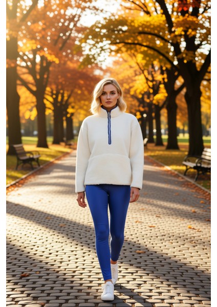 Kadın Dik Yaka Düşük Kol Peluş Örme Sweatshirt Fonksiyonel Dayanıklı Kaliteli Konforlu Şık