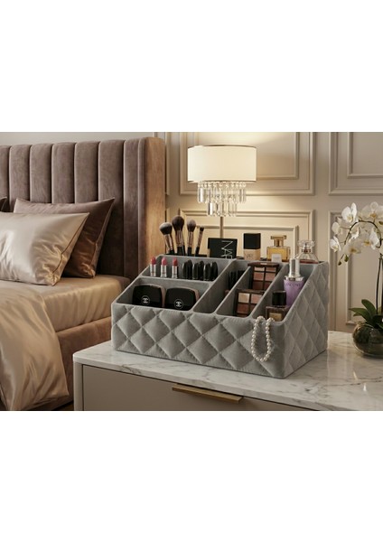 Elit Kapitone Tasarım Makyaj Organizeri – Lüks Dekoratif Masaüstü Düzenleyici – Doğa Dostu Özel Dokulu Fırçalık & Kozmetik Kutusu