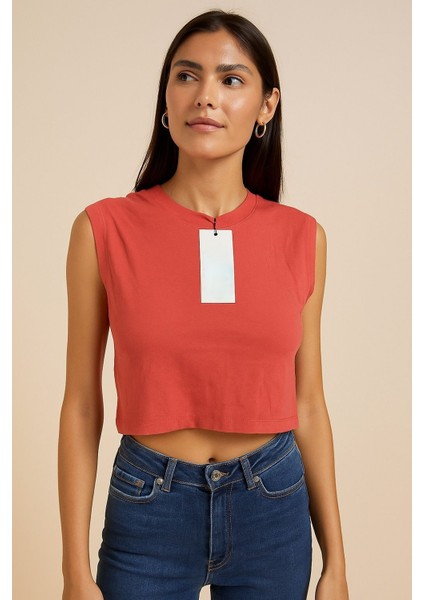 Kolsuz Mini Crop Top Kiremit Rengi