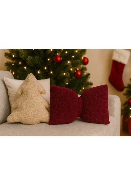 Teddy Dekoratif Çam Ağacı ve Fiyonk Yastık/kırlent