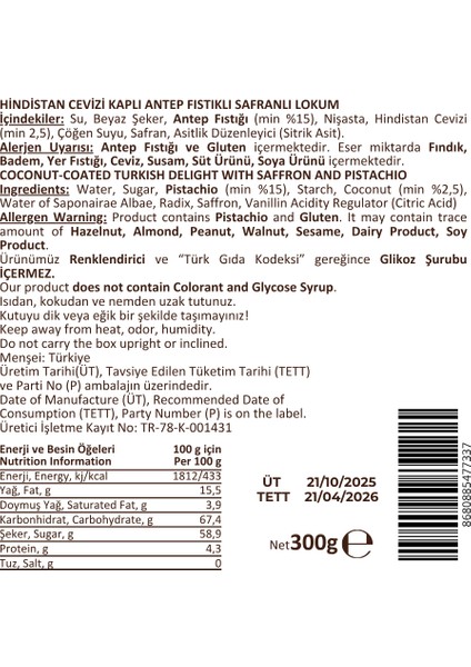 Çifte Kavrulmuş Safranlı Antep Fıstıklı Hindistan Cevizi Kaplı Lokum 300GR