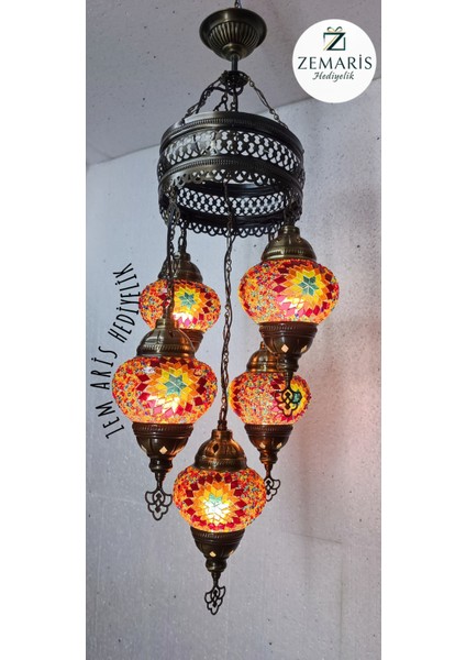 El Yapımı Otantik Mozaik 5 Li Avize Tavan Lambası Dekoratif