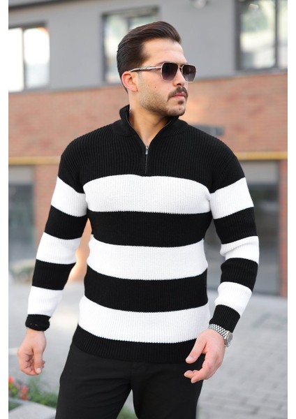 Erkek Şerit Renk Desenli Zip Yaka Kazak modelleri