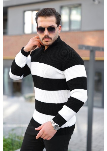 Erkek Şerit Renk Desenli Zip Yaka Kazak fırsatları