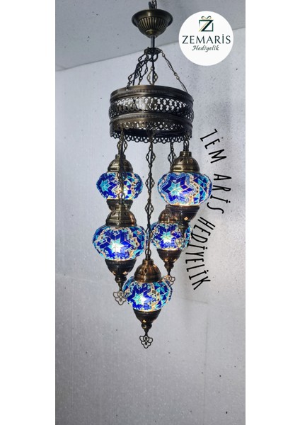 El Yapımı Otantik Mozaik 5 Li Avize Tavan Lambası Dekoratif