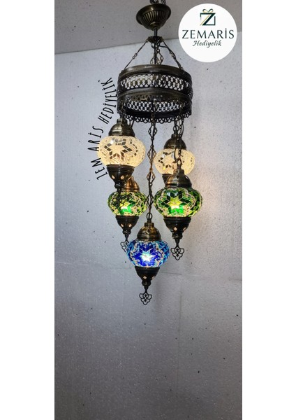 El Yapımı Otantik Mozaik 5 Li Avize Tavan Lambası Dekoratif