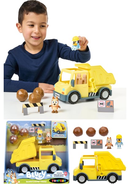 Blueyplus Bluey Damperli Kamyon ve Özel Hard Hat Bluey ve Muddy Bingo Figür Oyuncak Seti 7 cm