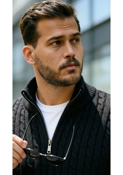 Erkek Örgü Desen Zip Yaka Triko