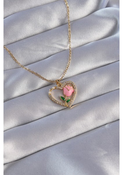 316L Çelik Zincirli Gold Renk Zirkon Taşlı Kalp Içinde Pembe Gül Tasarımlı Kolye - Lisinya