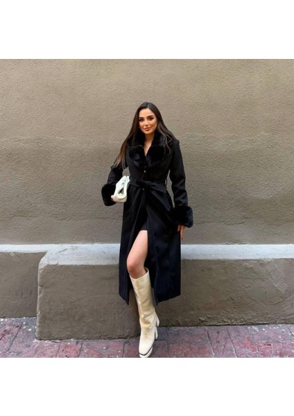 Bayan Siyah Yakası ve Kolları Kürklü Içi Astarlı Uzun Düğmeli Kuşaklı Kaşe Kaban fiyatları