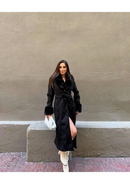 Bayan Siyah Yakası ve Kolları Kürklü Içi Astarlı Uzun Düğmeli Kuşaklı Kaşe Kaban modelleri