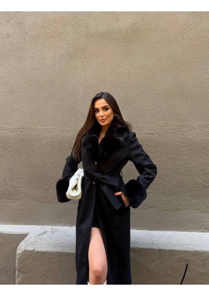 Bayan Siyah Yakası ve Kolları Kürklü Içi Astarlı Uzun Düğmeli Kuşaklı Kaşe Kaban fırsatları