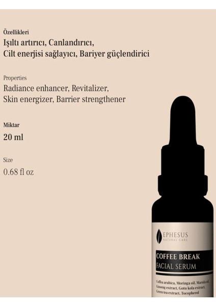 Doğal Anti Aging Etkili Aydınlatıcı ve Canlandırıcı Coffee Break Facial Yüz Serumu 20ML fiyatları