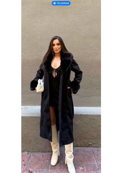 Bayan Siyah Yakası ve Kolları Kürklü Içi Astarlı Uzun Düğmeli Kuşaklı Kaşe Kaban indirimleri