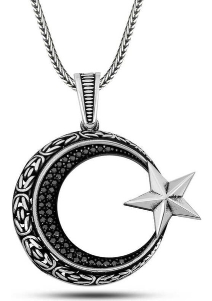 Gümüş Zirkon Taşlı Motifli Ay Yıldız Erkek Kolye