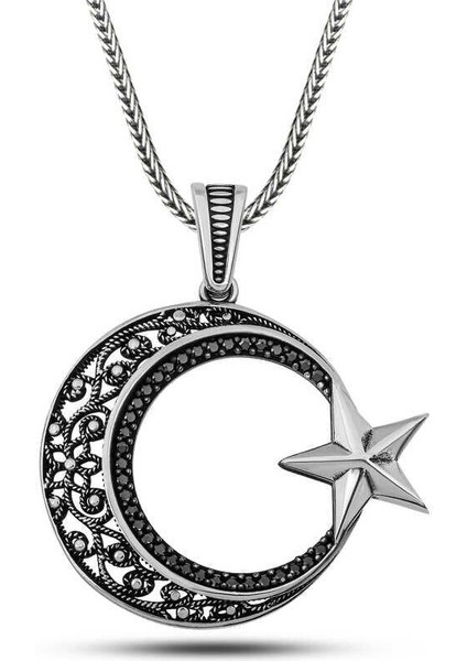Gümüş Zirkon Taşlı Desenli Ay Yıldız Erkek Kolye