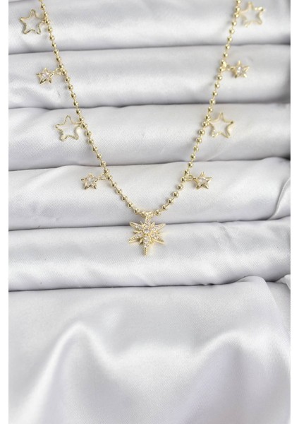 Pirinç Gold Renk Zirkon Taşlı Kutup Yıldızı Model Kadın Kolye - Lisinya