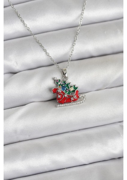 316L Çelik Zincir Gümüş Renk Kızak ve Çam Ağacı Figürlü Yılbaşı Temalı Kadın Kolye - TJ-BKO10717