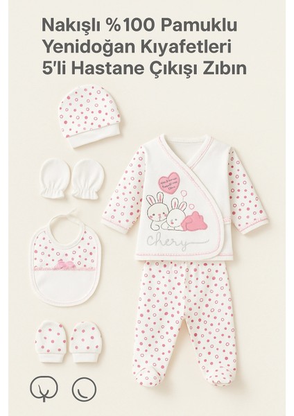 Nakışlı Pamuk 5’li Bebek Hastane Çıkışı Seti | Tavşan Desenli Yenidoğan Zıbın Takımı
