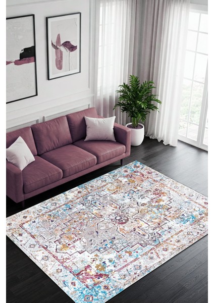 Klasik Desenli Beyaz Renkli Halı Dijital Baskılı Dokuma Kaymaz Tabanlı Yıkanabilir Antialerjik Salon Halısı