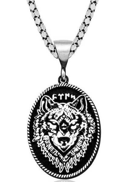 Gümüş Siyah Zeminli Kurt Motifli Göktürkçe Türk Yazılı Kolye