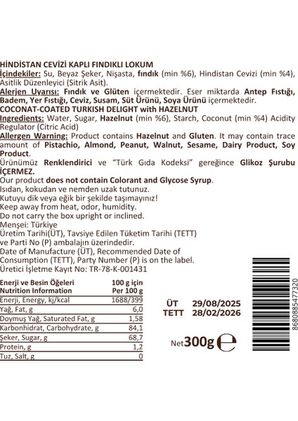 Fındıklı Hindistan Cevizi Kaplı Klasik Lokum 300GR