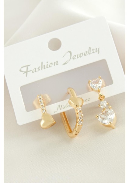 3 Adet Kalp Zirkon Taşlı Küpe modelleri