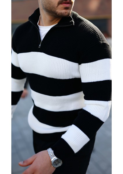 Erkek Şerit Renk Desenli Zip Yaka Kazak